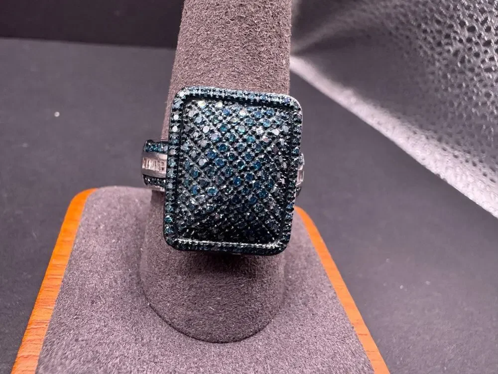 D’Joy 925 Sterling Silver Blue & White Diamond Pave Cocktail Ring Size 10.25